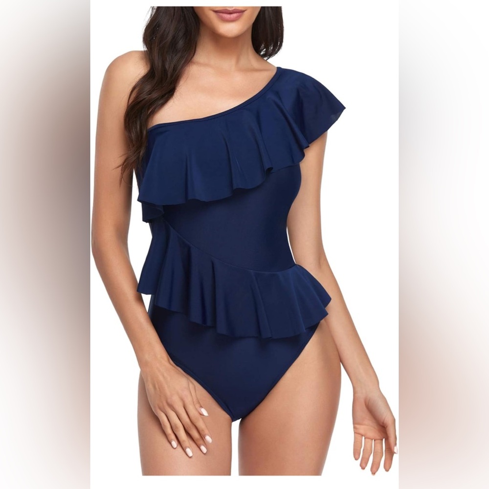 One Piece Bathing Suit for Women with Ruffles One Shoulder Tummy Control